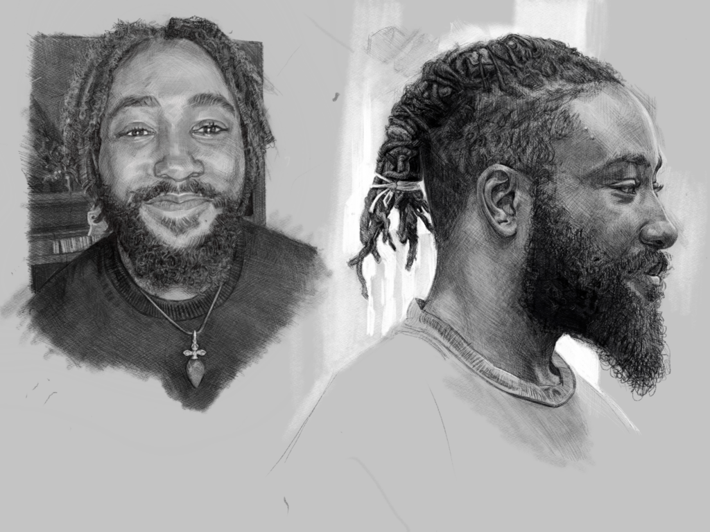 a black and white digital drawing of two photos of malik, one of him smiling warmly, the other of his profile.