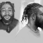 a black and white digital drawing of two photos of malik, one of him smiling warmly, the other of his profile.